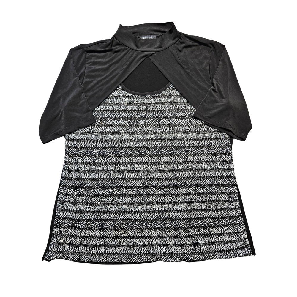 Rachel Tyler Womens 3X Mock Neck Keyhole Top Black White Animal Print Blouse